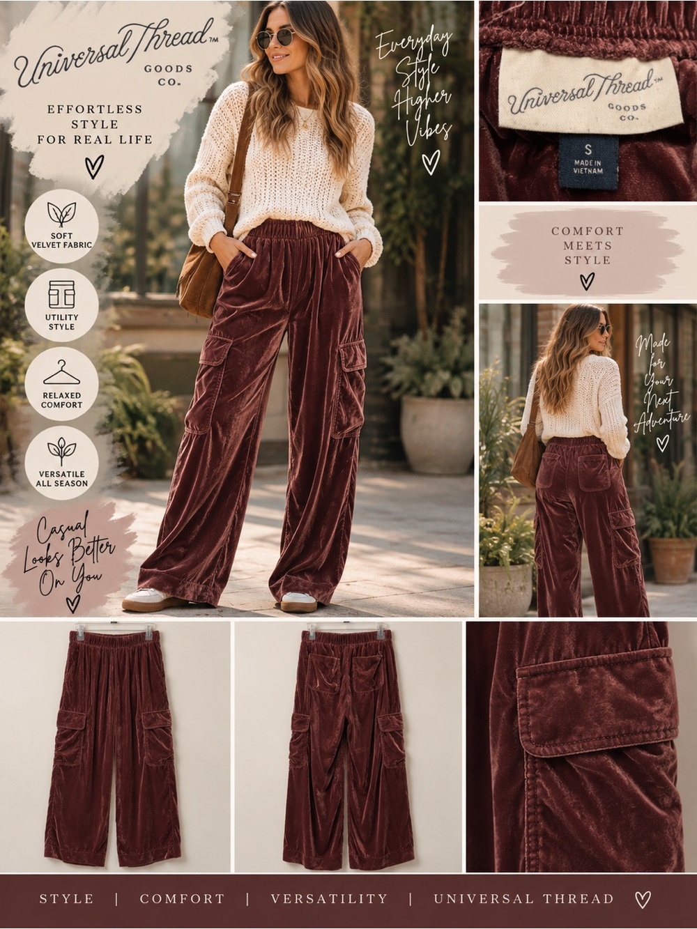 Universal Thread Velvet Cargo Pants Women’s S Burgundy Wide Leg Utility